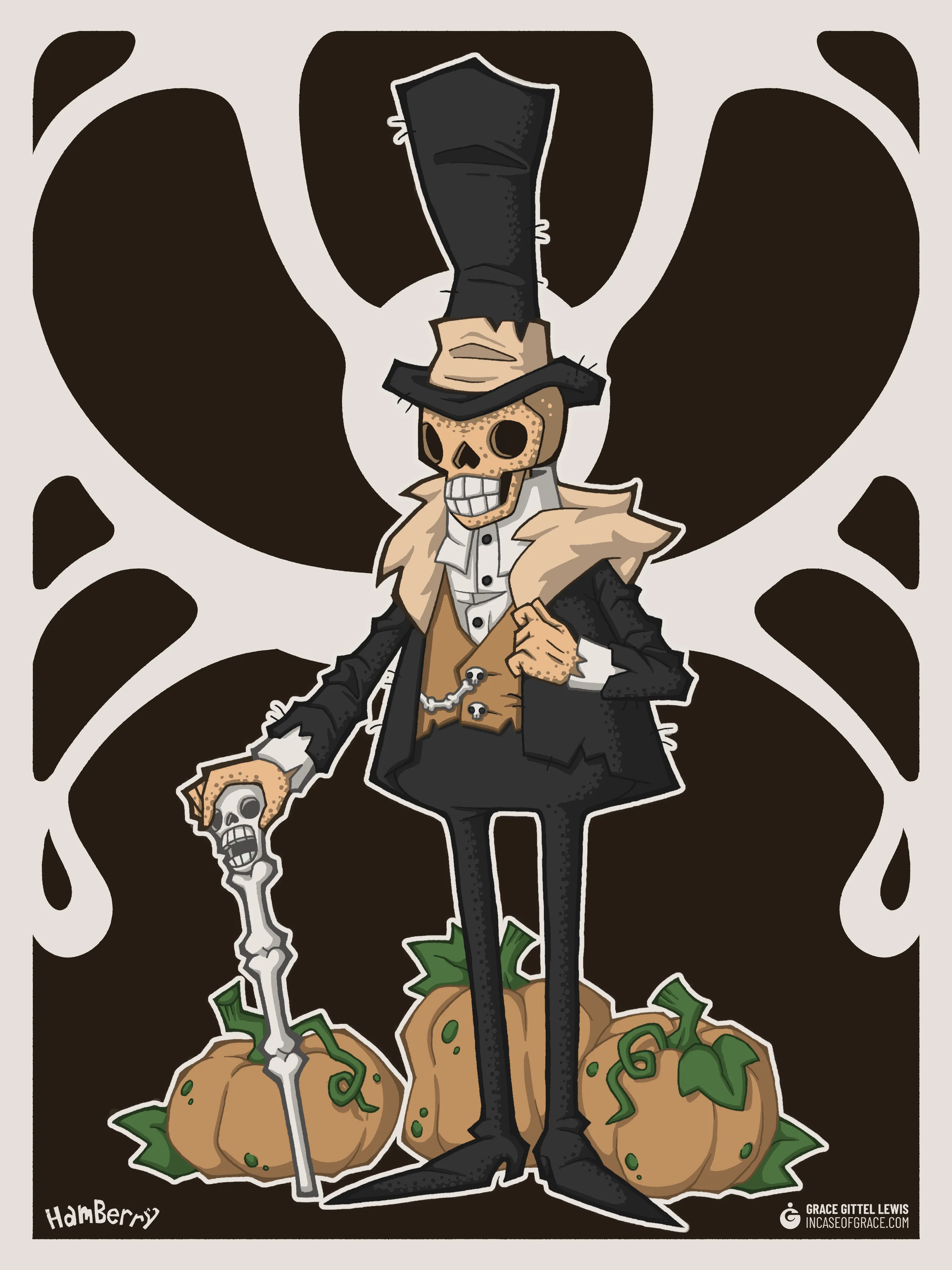 An illustration of a pale orange skeleton wearing a black suit, and standing in a small patch of pumpkins. Its top hat is comically tall, and it holds a cane of bone. The dark background is detailed with loopy filligrees.